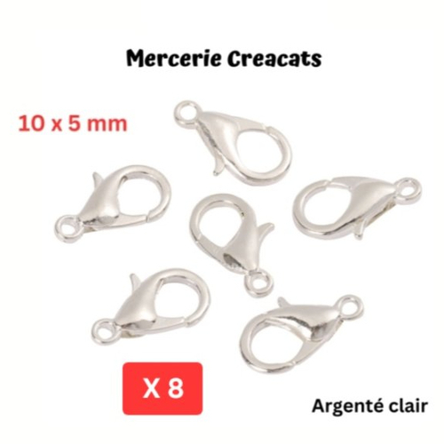 X 8 fermoirs mousqueton 10 x 5 mm métal couleur argenté clair