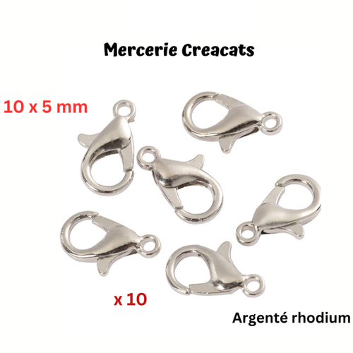 X 10 fermoirs mousqueton 10 x 5 mm métal couleur argenté rhodium