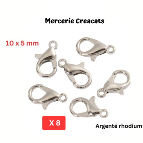 X 8 fermoirs mousqueton 10 x 5 mm métal couleur argenté rhodium