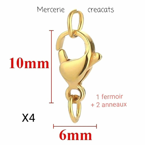 X 4 fermoirs mousqueton acier inoxydable doré + 8 anneaux de jonction