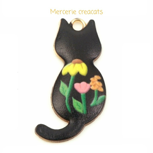 1  pendentif breloque chat émaillé noir fleurs sur métal doré
