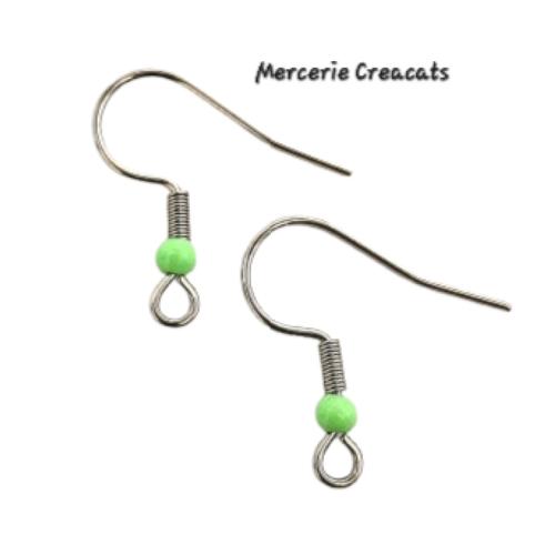 1 paire boucles d'oreille acier inoxydable argenté crochets perles acrylique vert fluo