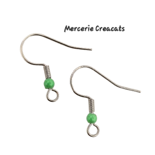 1 paire boucles d'oreille acier inoxydable argenté crochets perles acrylique vert