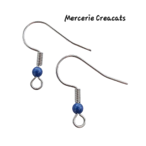 1 paire boucles d'oreille acier inoxydable argenté crochets perles acrylique bleu roi