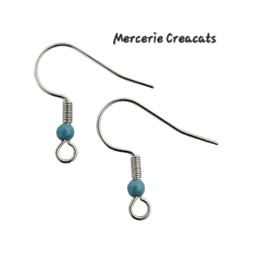 1 paire boucles d'oreille acier inoxydable argenté crochets perles acrylique bleu