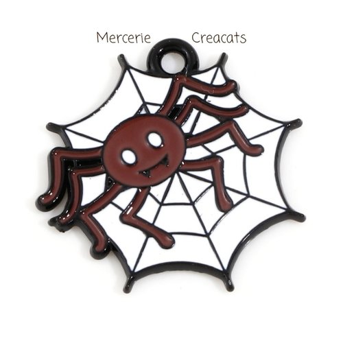 Pendentif halloween araignée marron et sa toile blanche sur métal noir