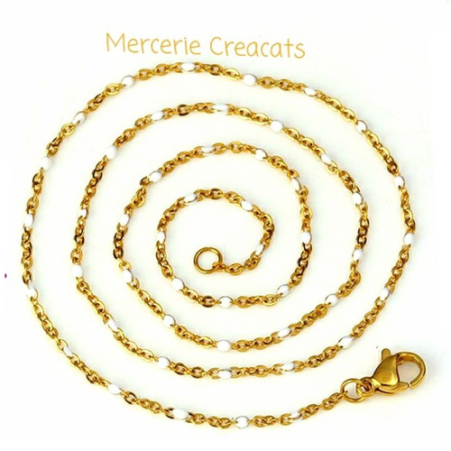 1 collier 45 cm acier inoxydable doré maille forçat perles émail résine blanc