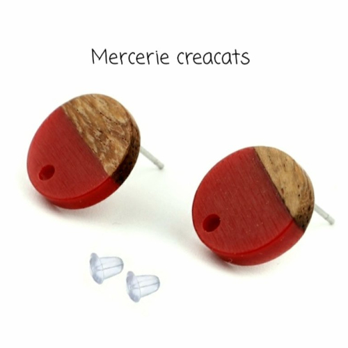 1 paire clou d'oreille puce résine rouge et bois à personnaliser customiser
