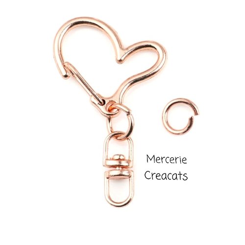 1 porte clé mousqueton coeur bijoux de sac anneau pivotant métal doré rose + anneau