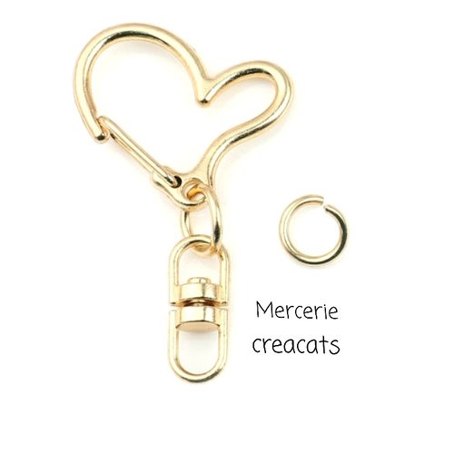 1 porte clé mousqueton coeur bijoux de sac anneau pivotant métal doré + anneau