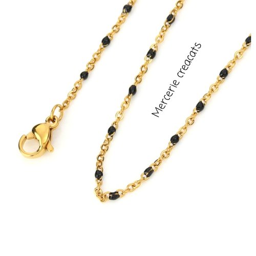 1 collier chaine 45 cm acier inoxydable doré maille forçat  perles émail résine noir