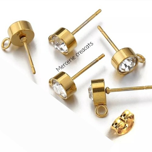 X 1 paire boucles d'oreille clou puce à tige acier inoxydable doré strass serti avec poussoirs papillon