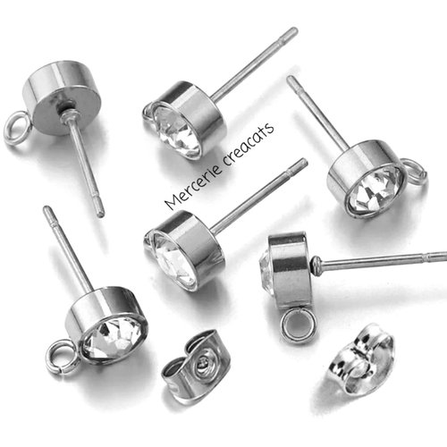 X 1 paire boucles d'oreille clou puce à tige acier inoxydable argenté strass serti avec poussoirs papillon