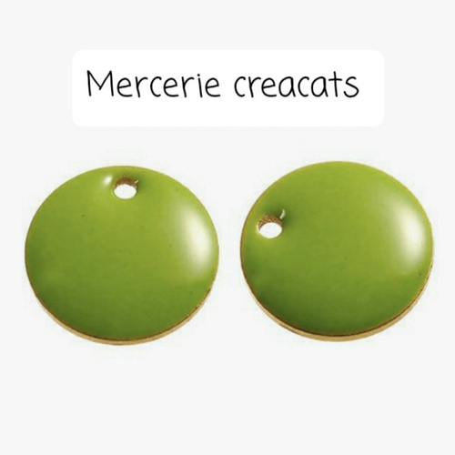 X 2 pendentifs sequins rond émaillé double faces vert pomme métal doré