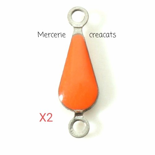 X2 connecteur sequin acier inoxydable argenté pendentif goutte émail orange