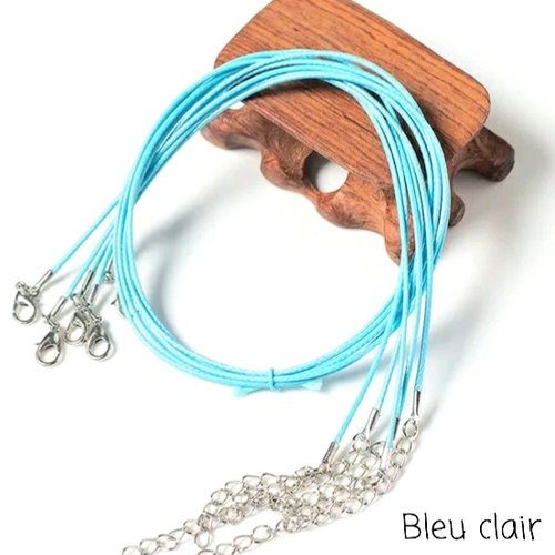 X 2 colliers + chainette extension cordon tressé ciré bleu clair