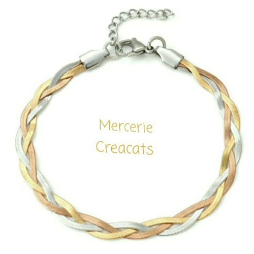 1 bracelet acier inoxydable 3 couleurs maille serpent plat tressé, doré, or rose, argenté