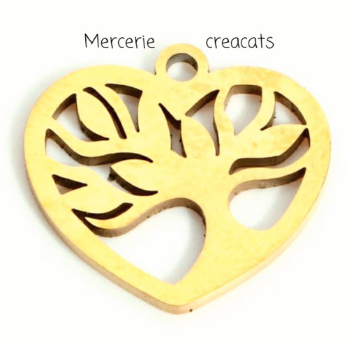 1 pendentif acier inoxydable doré coeur arbre de vie
