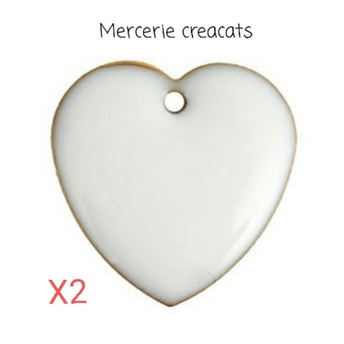 X 2 sequins coeur émaillé double blanc