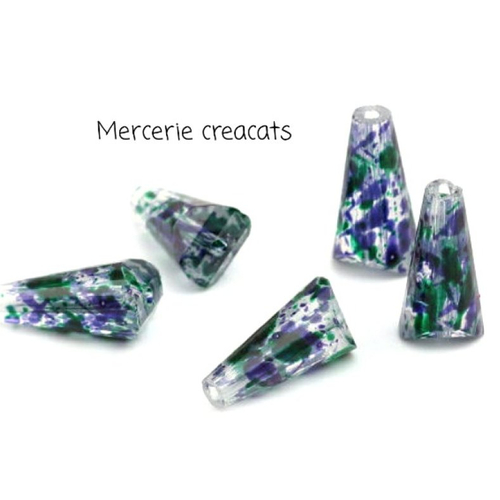 X 4 perles en verre cônes colorés violet vert sur base transparente