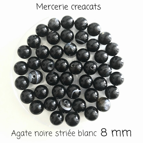 X 10 perles  agate noire et noire striées blanc - onyx