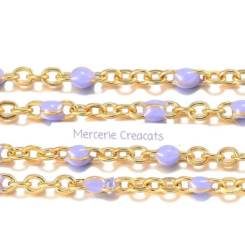 47 cm de chaine fine acier inoxydable doré 2 x1,6 mm perles émail parme / lavande