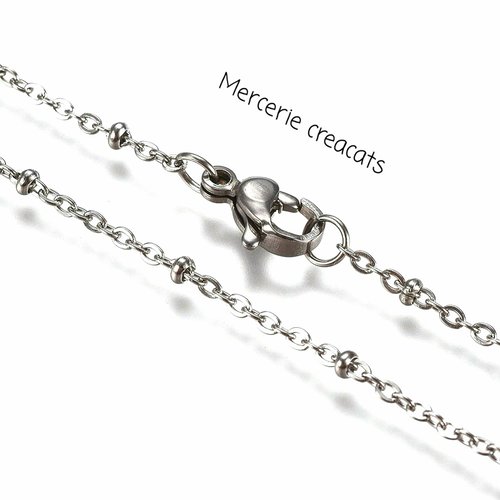 1 collier chaine acier inoxydable argenté maille forçat perles satellite 58 cm