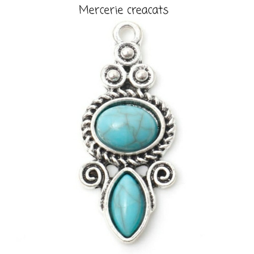1 pendentif  bohème ethnique cabochons émail résine bleu turquoise sur métal argenté