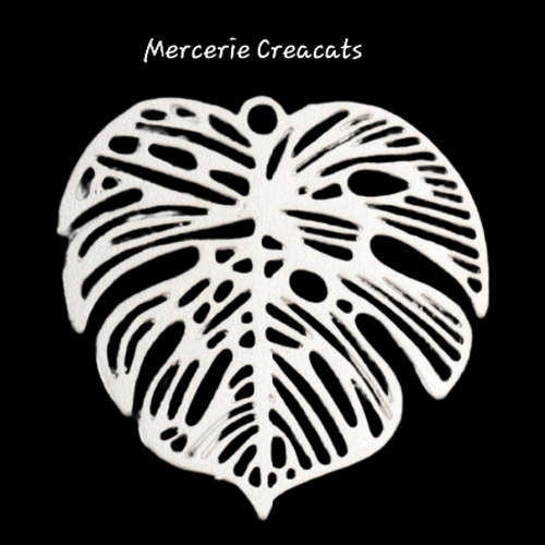 1 pendentif feuille tropicale monstera estampe filigrane métal argenté
