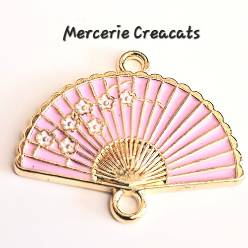 1 connecteur pendentif éventail émail rose fleurs sakura sur métal doré