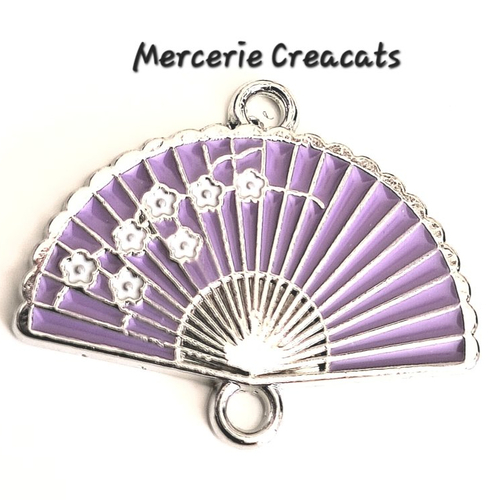 1 connecteur pendentif éventail émail violet parme fleurs sakura sur métal argenté