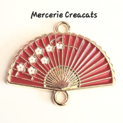 1 connecteur pendentif éventail émail rouge fleurs sakura sur métal doré