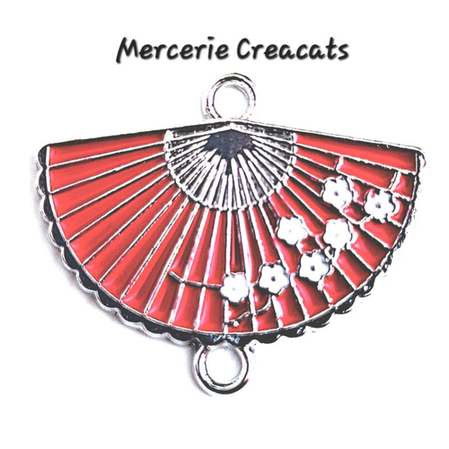 1 connecteur pendentif éventail émail rouge fleurs sakura sur métal argenté