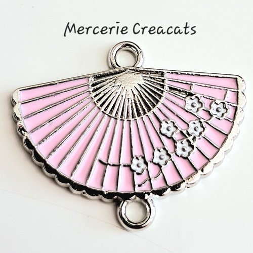 1 connecteur pendentif éventail émail rose fleurs sakura sur métal argenté