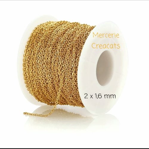 1 m. de chaine fine acier inoxydable doré maille forçat 2 x 1,6 mm