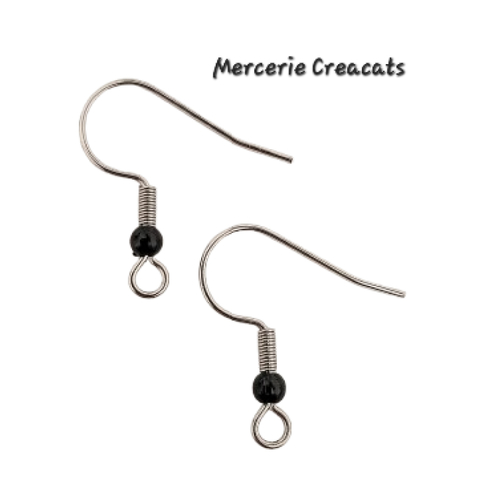 1 paire boucles d'oreille acier inoxydable argenté crochets perles acrylique noir
