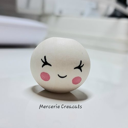 1 perle visage bois naturel visage sourire yeux plissés 20 mm