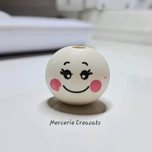 1 perle visage bois naturel visage sourire yeux ouverts 20 mm