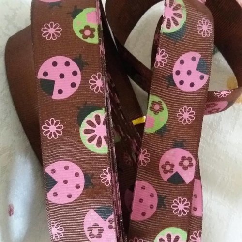 92 cm ruban gros grain 25mm marron coccinelles rose vert