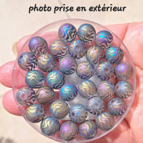 X 8 perles verre rondes 10 mm irisé multicolore reflets doré rose vert bleu motif vagues