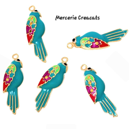 1 pendentif perroquet ara émail  bleu / vert multicolore sur métal doré