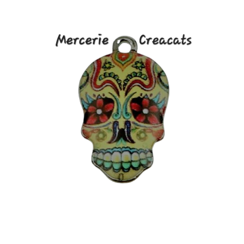 1 pendentif  crâne tête de mort mexicaine calaveras halloween émaillé sur métal argenté