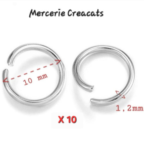 X 10 anneaux ouverts acier inoxydable 10 x 1,2 mm argenté