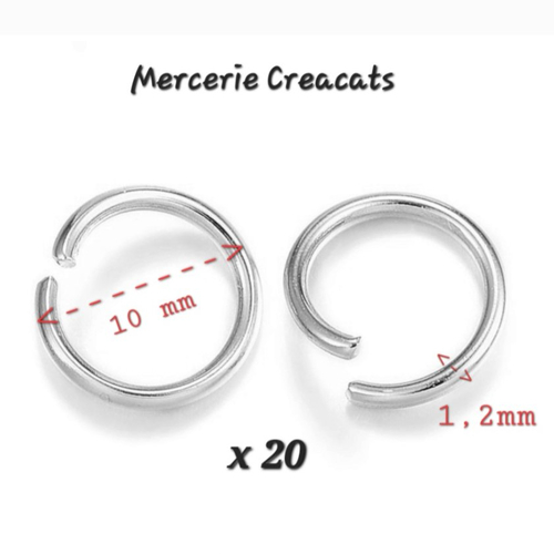 X 20 anneaux ouverts acier inoxydable 10 x 1,2 mm argenté