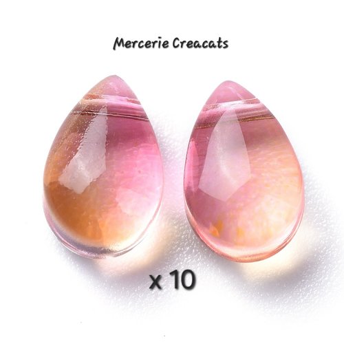 10 perles verre goutte larme rose / jaune orangé