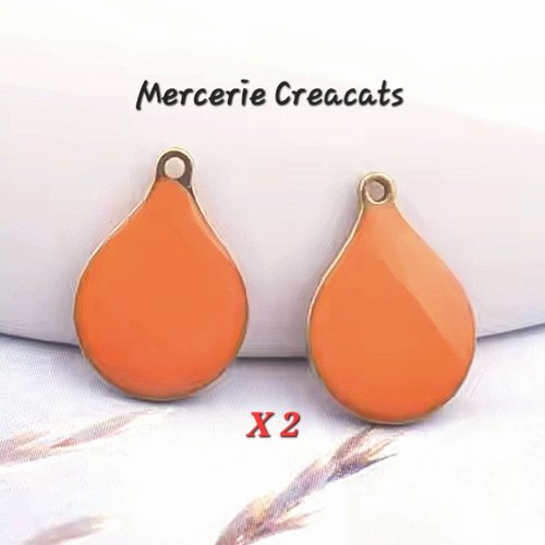 X 2 pendentifs sequins rond ovale émaillé double faces orange métal doré