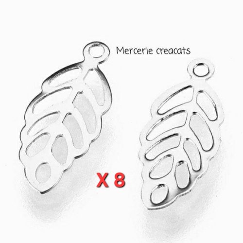 X 8 pendentifs acier inoxydable argenté breloque connecteur feuille plume estampe filigrane