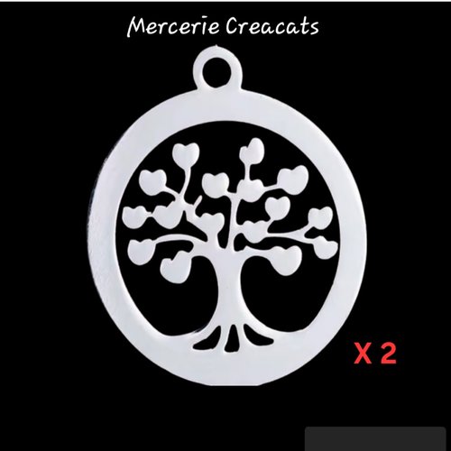 X 2 pendentifs breloque acier inoxydable argenté arbre de vie coeur