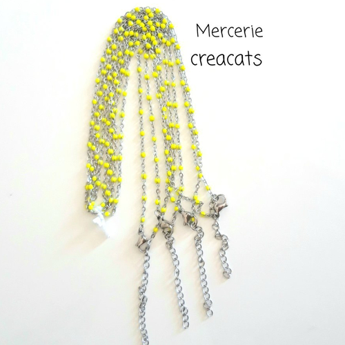 1 collier acier inoxydable argenté 45 cm + 5 cm perles émail résine jaune citron