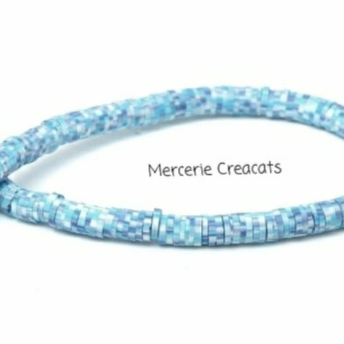 X 65 perles heishi katsuki pâte polymère  teintes de bleu violet blanc 4 mm plate palet pastille